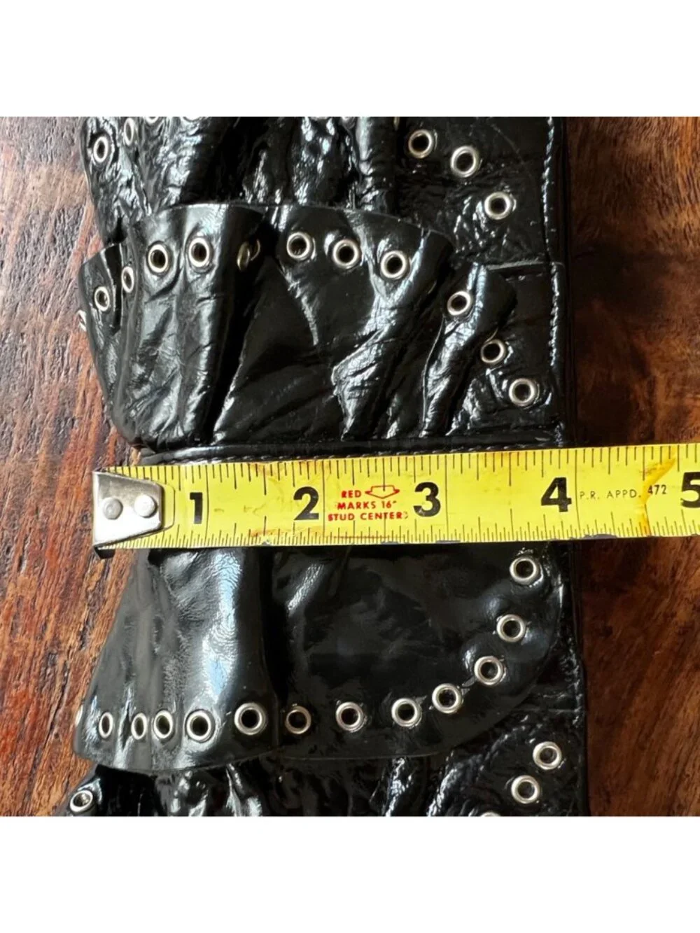 Black Real Patent Leather Susan Farber Clutch With Ruffle & Grommet Detailing 10
